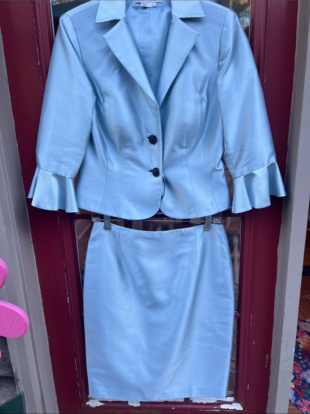 Kay Unger Light Blue Satin Blazer & Pencil Skirt